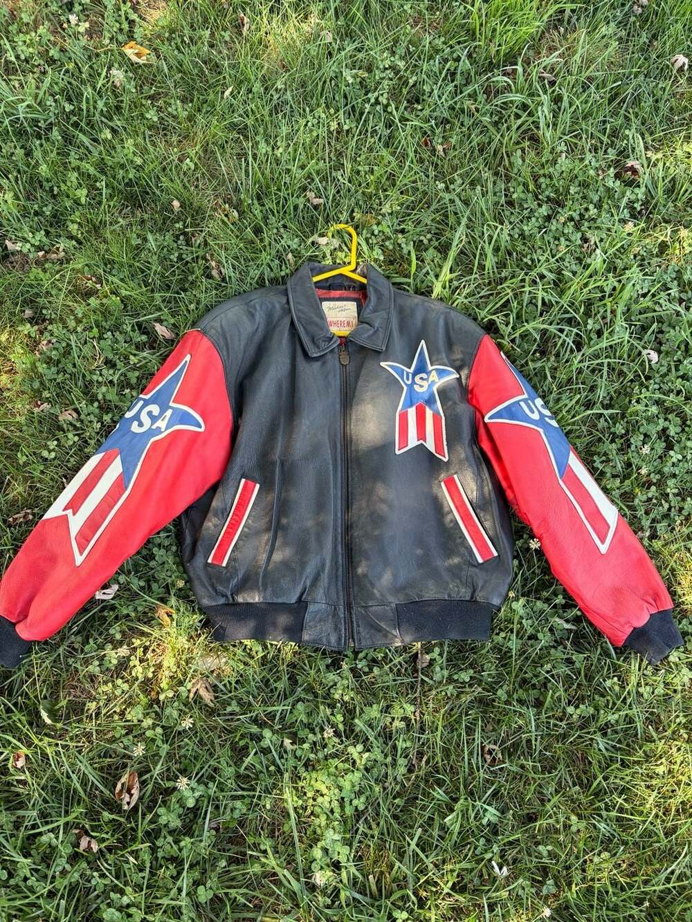 Michael Hoban USA Flag Leather Jacket, Vintage 1990s Patchwork, Size L
